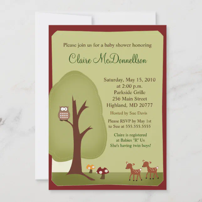 Twins Woodland Forest 5x7 Baby Shower Invitation 