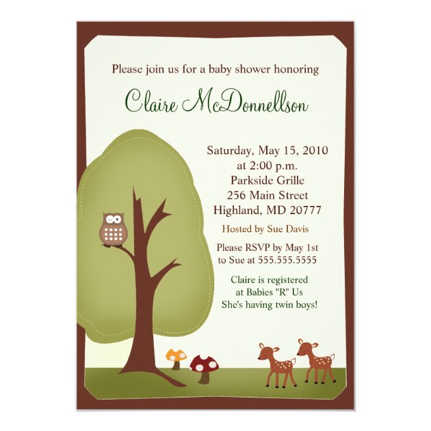 TWINS Woodland Forest  5x7 Baby Shower Invitation