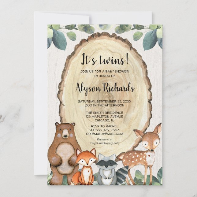 Twins woodland gender neutral animals baby shower invitation (Front)