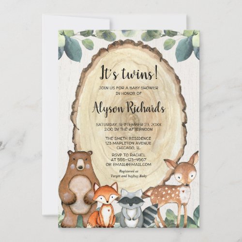 Twins woodland gender neutral animals baby shower invitation