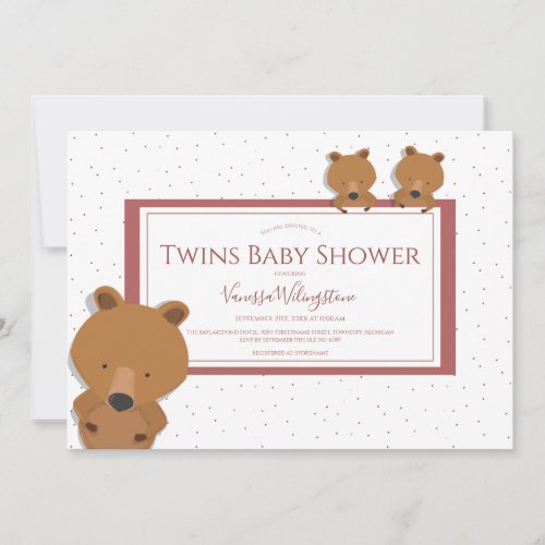  Twins Woodland Pink Dot Bear Baby Shower Invitation