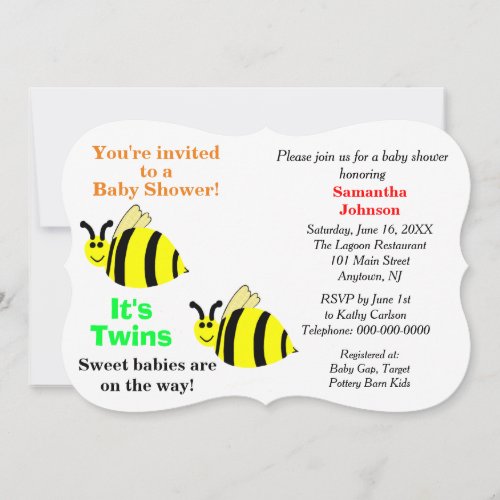 Twins Yellow Bumble Bee Baby Rattles Baby Shower  Invitation