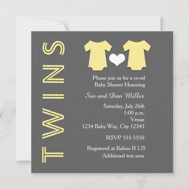 TWINS YELLOW Twin Baby Shower Party Invitation (Front)