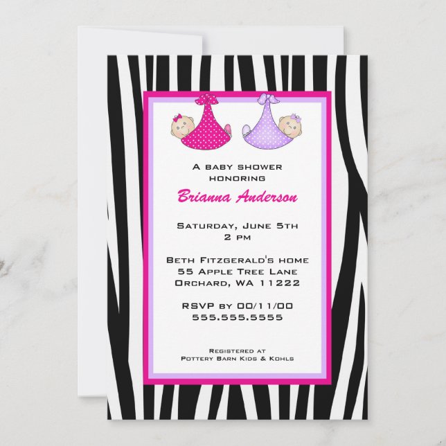 Twins Zebra Hot Pink and Purple Baby shower invite (Front)