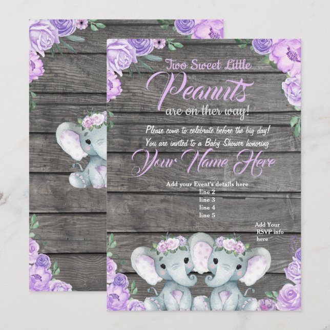 twinsElephant Baby Shower Invitation rustic purple (Front/Back)