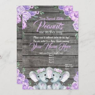 twinsElephant Baby Shower Invitation rustic purple