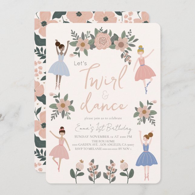 Twirl & Dance Ballerina Floral Girl 1st Birthday Invitation (Front/Back)