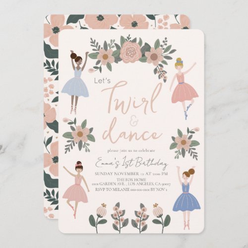 Twirl  Dance Ballerina Floral Girl 1st Birthday Invitation