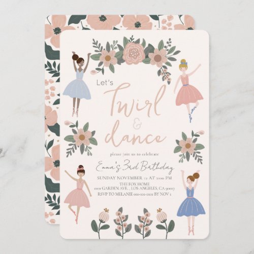 Twirl  Dance Ballerina Floral Girl Birthday Invitation