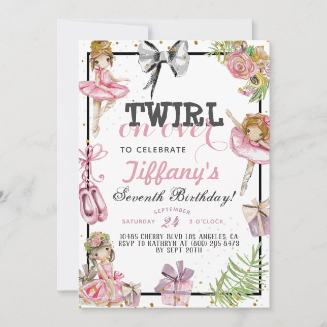 Twirl On Over Ballerina Birthday Invitation (Front)