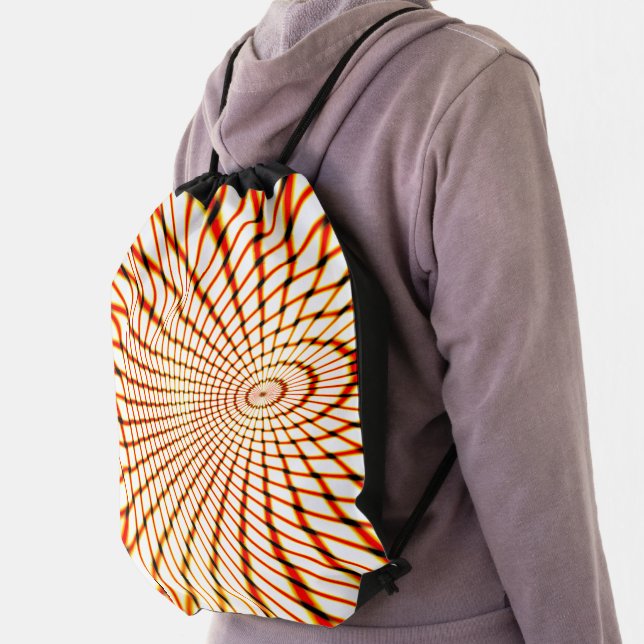 Twisted crossed orange lines forming sunken circle drawstring bag (Insitu)