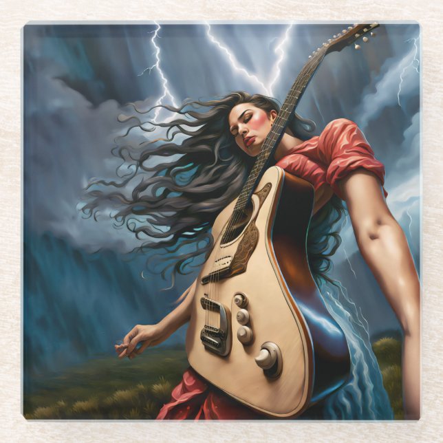 Twisted Guitar Woman Glass Coaster (Front)