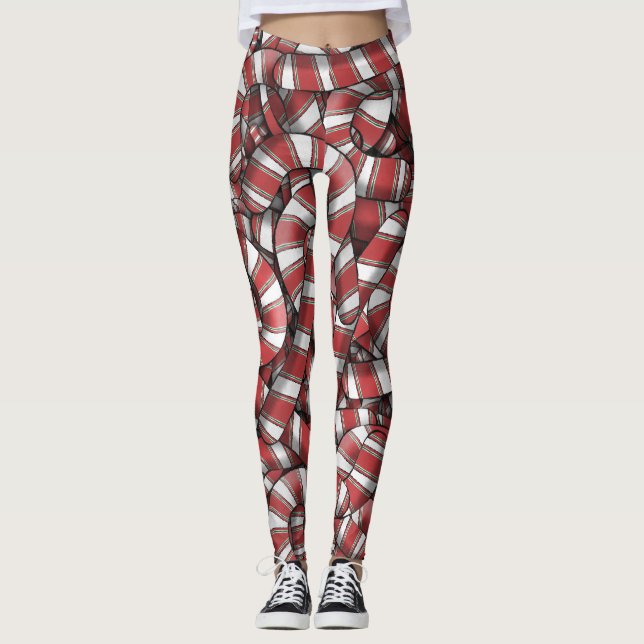 Twisted Red Striped Abstract Candy Canes Leggings (Front)