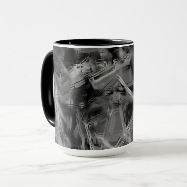 Twisted squares, black and gray 'brushstrokes' mug (Front Left)