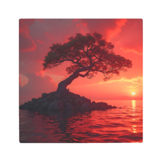 Twisted Tree Rocky Island Crimson Ocean Sunset Metal Print