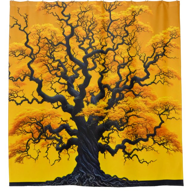 Twisted Tree Silhouette Radiant Golden Foliage Shower Curtain (Front)