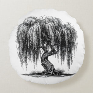 Twisted Weeping Willow Tree Sketch Round Pillow