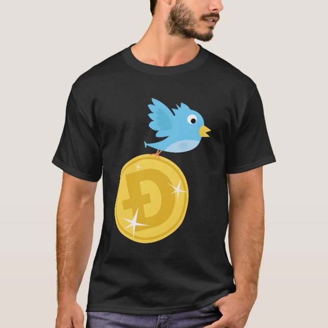 Twitter Bird Flying With Doge Coin funny T-Shirt (Front)