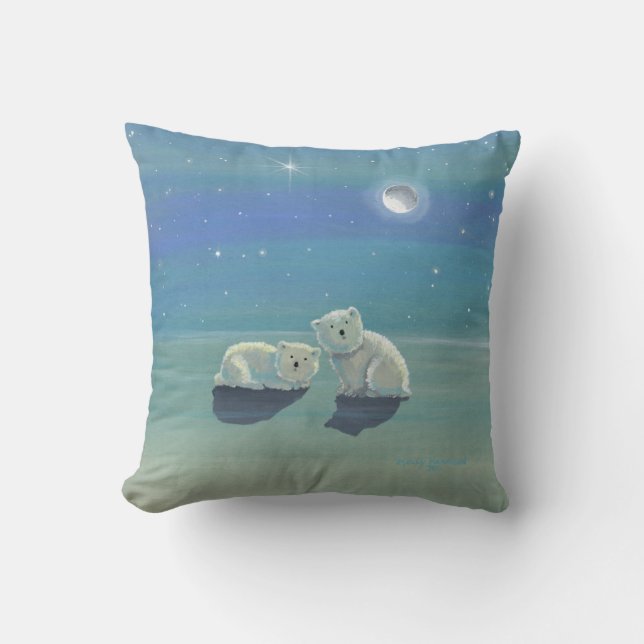 Twnkling Winter Polar Bear Cubs Throw Pillow (Front)