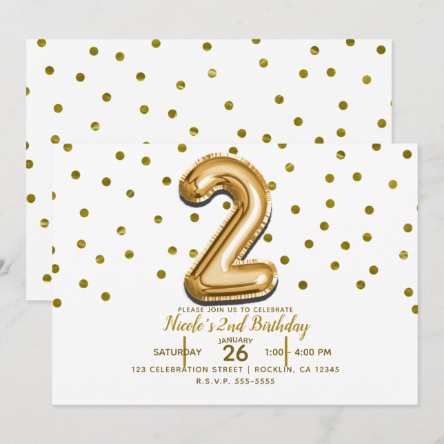 Two 2 Gold Balloon & Confetti 2nd Birthday Party Invitation (Front/Back)