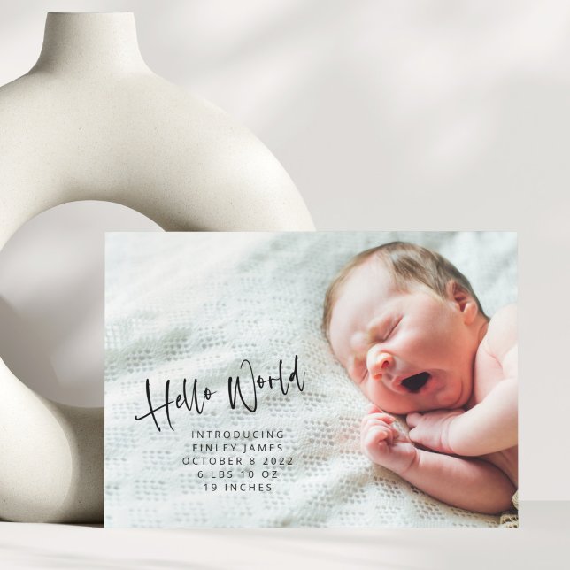 Two 2 Photo Minimalist Hello World Newborn Birth Announcement (Creator Uploaded)
