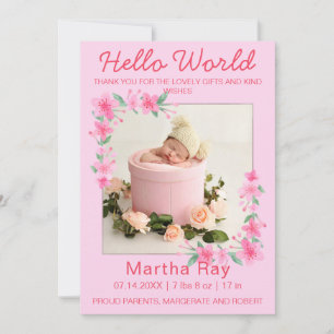 Two 2 Photo Minimalist Hello World Newborn Birth Thank You Card