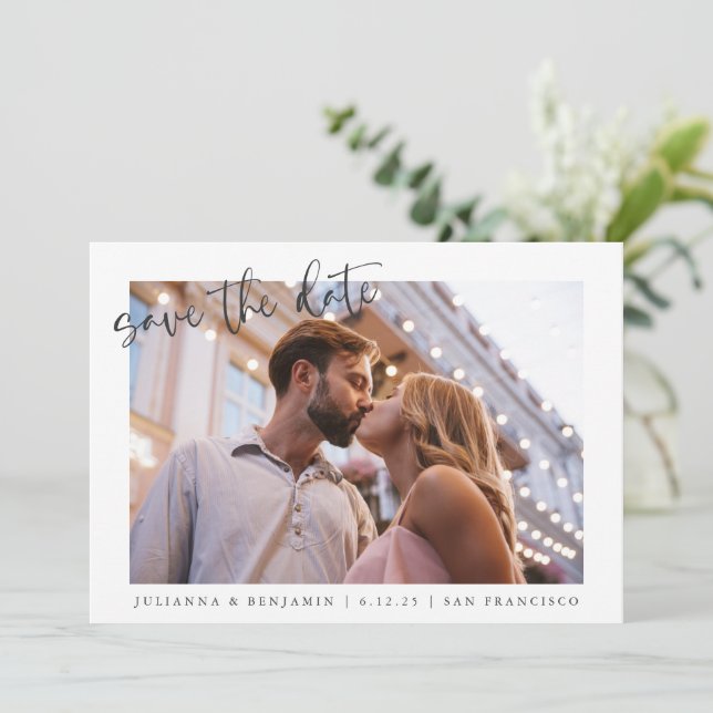 Two 2 Photo Minimalist Script Elegant Wedding Save The Date (Standing Front)