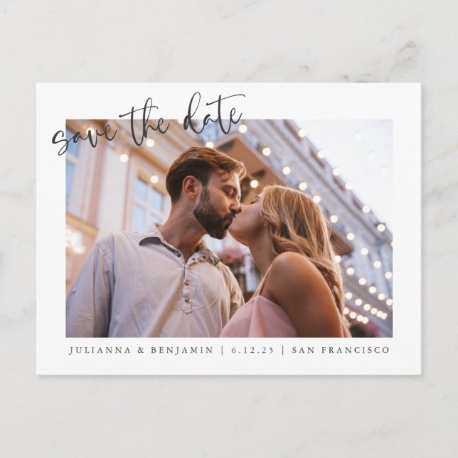 Two 2 Photo Minimalist Script Save The Date Postcard (Front)