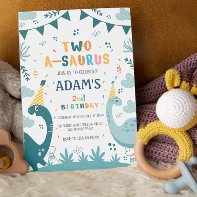 two-a-saurus White 2nd Birthday Green Dinosaur Invitation (Creator Uploaded)