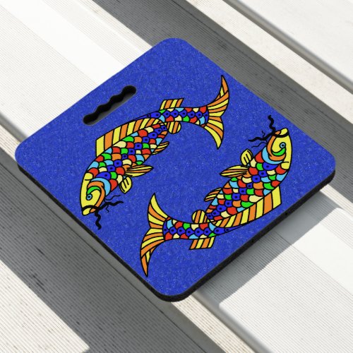 Two Abstract Fish Brightly Colored Scales on Blue Seat Cushion