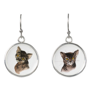 Two Abyssinian cats painted in sumie technique Earrings