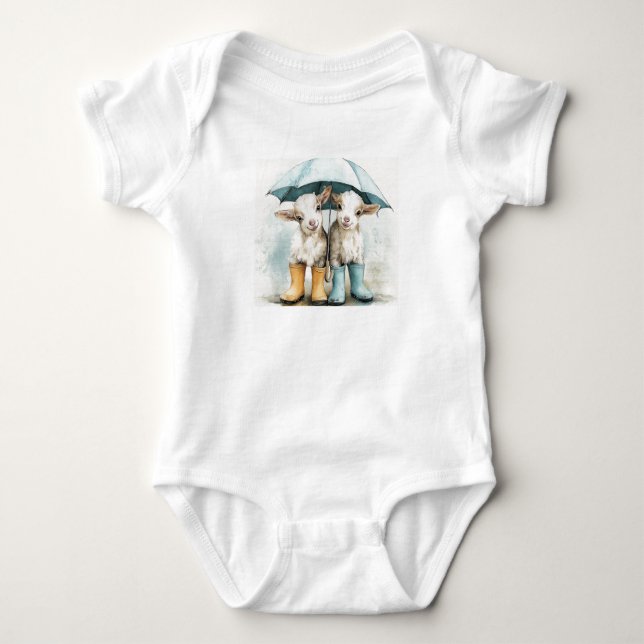 Two Adorable Baby Goats on a Rainy Day Baby Bodysuit (Front)