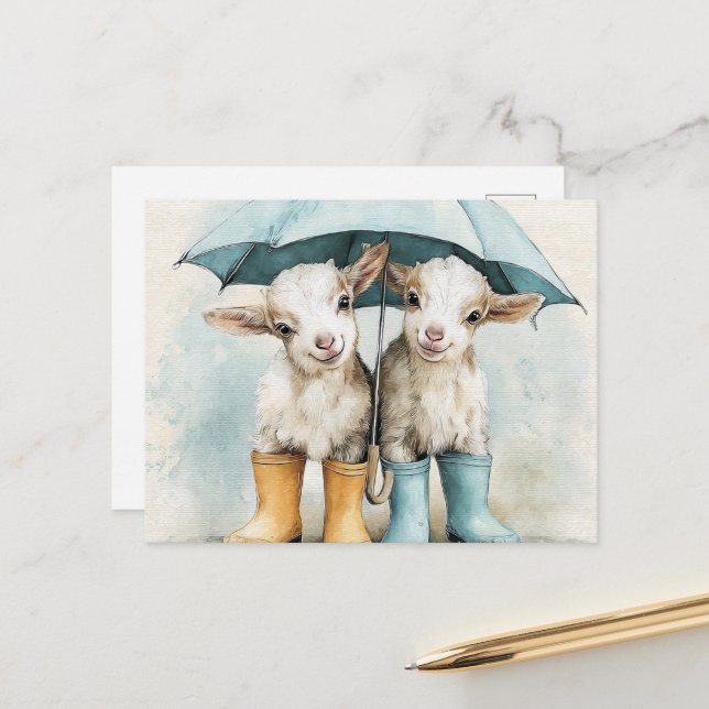 Two Adorable Baby Goats on a Rainy Day Postcard (Front/Back In Situ)