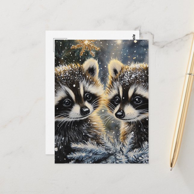 Two Adorable Baby Raccoon in Winter Postcard (Front/Back In Situ)