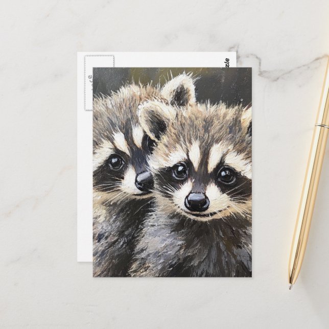  Two Adorable Baby Raccoons Postcard (Front/Back In Situ)