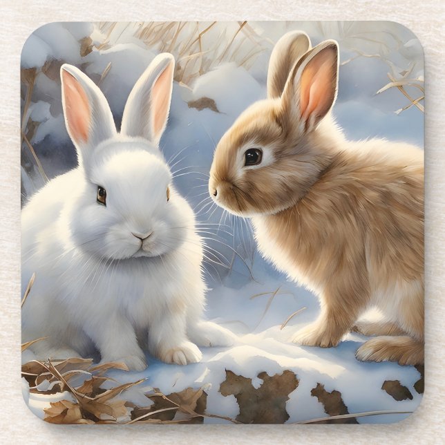 Two Adorable Bunny Rabbits Brown and White in Snow Beverage Coaster (Front)