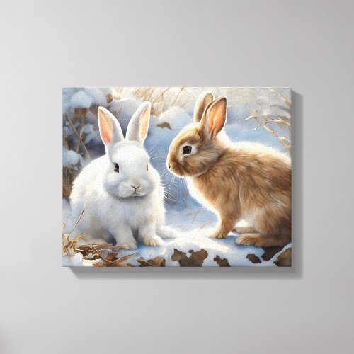 Two Adorable Bunny Rabbits Brown and White in Snow Canvas Print