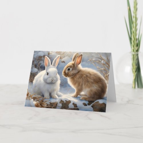 Two Adorable Bunny Rabbits Brown and White in Snow Card