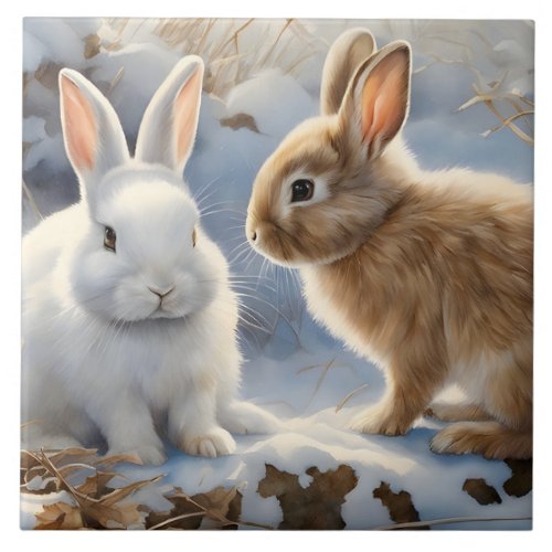 Two Adorable Bunny Rabbits Brown and White in Snow Ceramic Tile