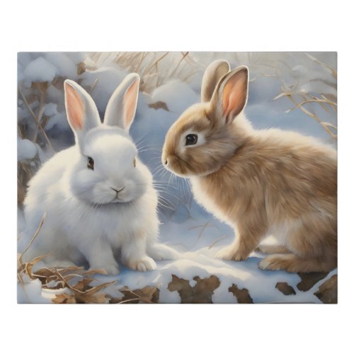 Two Adorable Bunny Rabbits Brown and White in Snow Faux Canvas Print