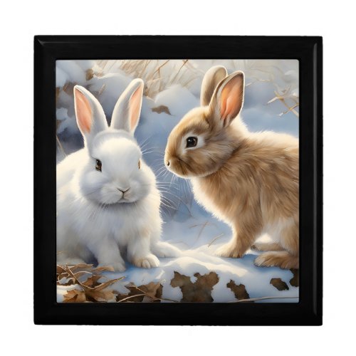 Two Adorable Bunny Rabbits Brown and White in Snow Gift Box