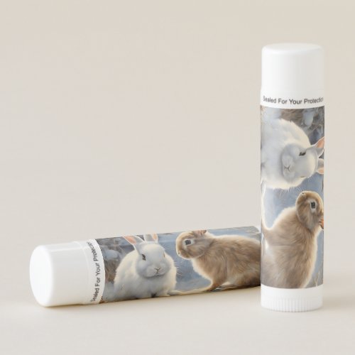 Two Adorable Bunny Rabbits Brown and White in Snow Lip Balm