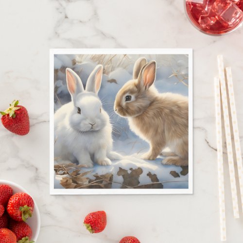 Two Adorable Bunny Rabbits Brown and White in Snow Napkins