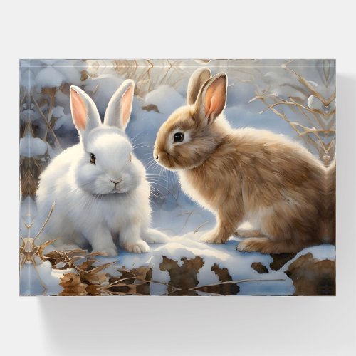 Two Adorable Bunny Rabbits Brown and White in Snow Paperweight