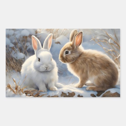 Two Adorable Bunny Rabbits Brown and White in Snow Rectangular Sticker