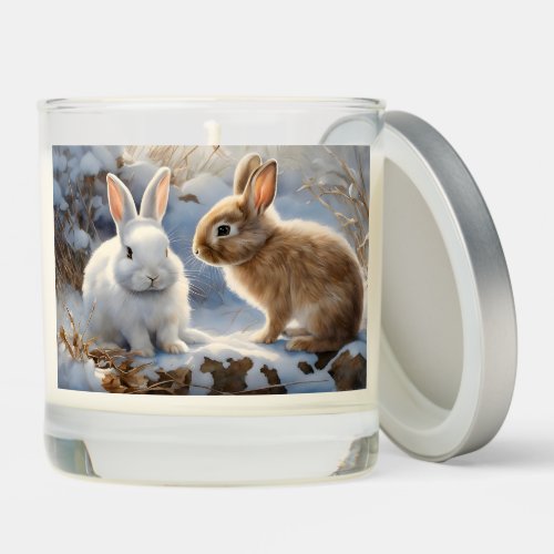 Two Adorable Bunny Rabbits Brown and White in Snow Scented Candle