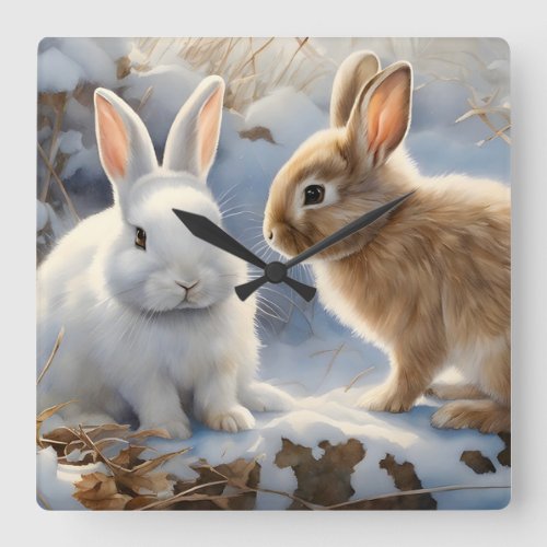 Two Adorable Bunny Rabbits Brown and White in Snow Square Wall Clock