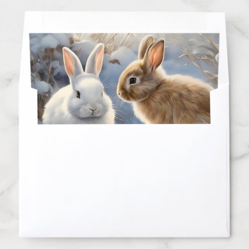 Two Adorable Bunny Rabbits Brown White Snow Envelope Liner