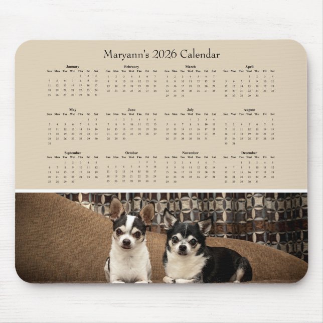 Two Adorable Chihuahuas on a Sofa – 2026 Calendar Mouse Pad (Front)