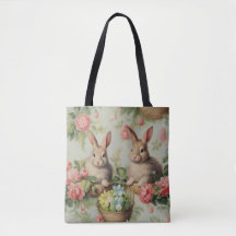 Two Adorable Easter Bunnies Sitting Among Flowers 